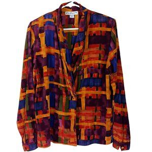 Eva Laurel Vintage Multicolored Abstract Blouse Size 6 Shawl Collar Shoulder Pad